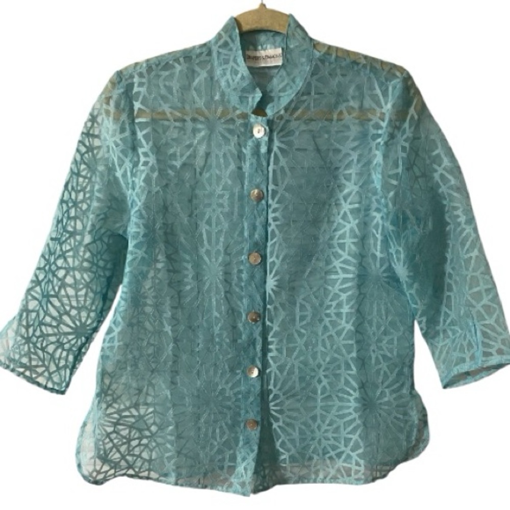 Draper’s & Damon’s Button Down Top, Sheer blouse, Geometric, Petite Sz L
